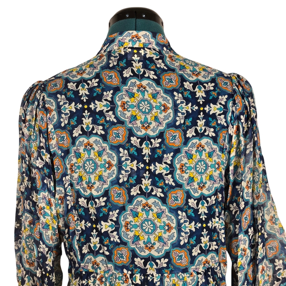Shoshanna Silvano Blouse Blue White Printed Top Semi Sheer Size XS - Picture 8 of 11